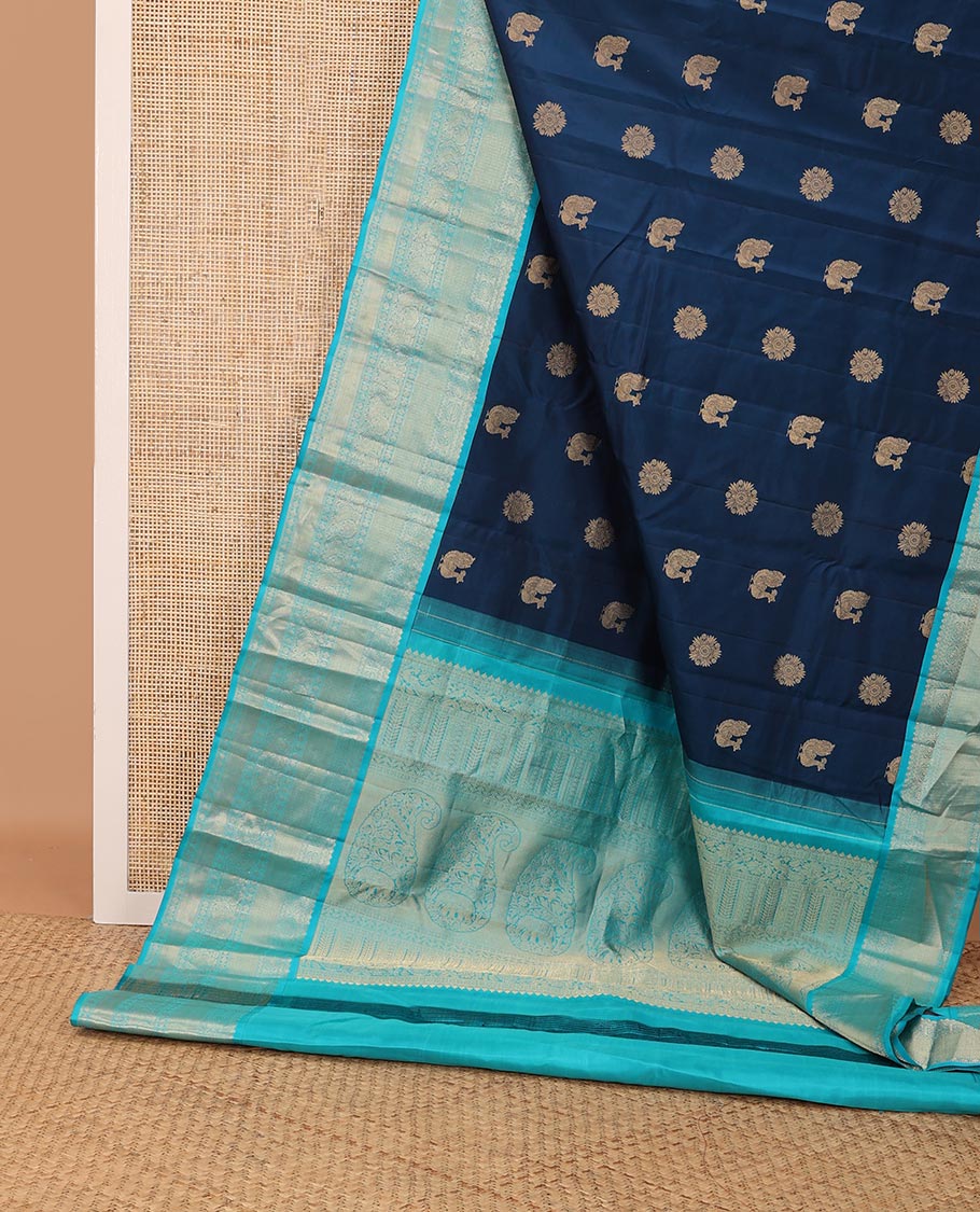 Blue zari buttas silk saree, contrast border of thilakam mokku,neli,mayil chakram,mayil kann & rudraksham & intricate pallu