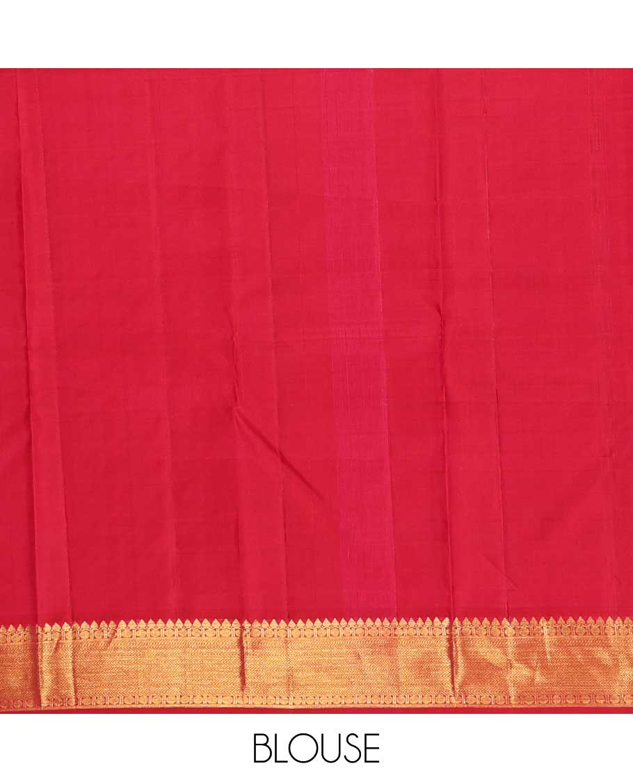 Multi-color paalum pazhamum checked annam chakram buttas Kanchipuram silk saree, zari border of thilakam mokku, rudraksham and vanki designs, and leaf vine pallu
