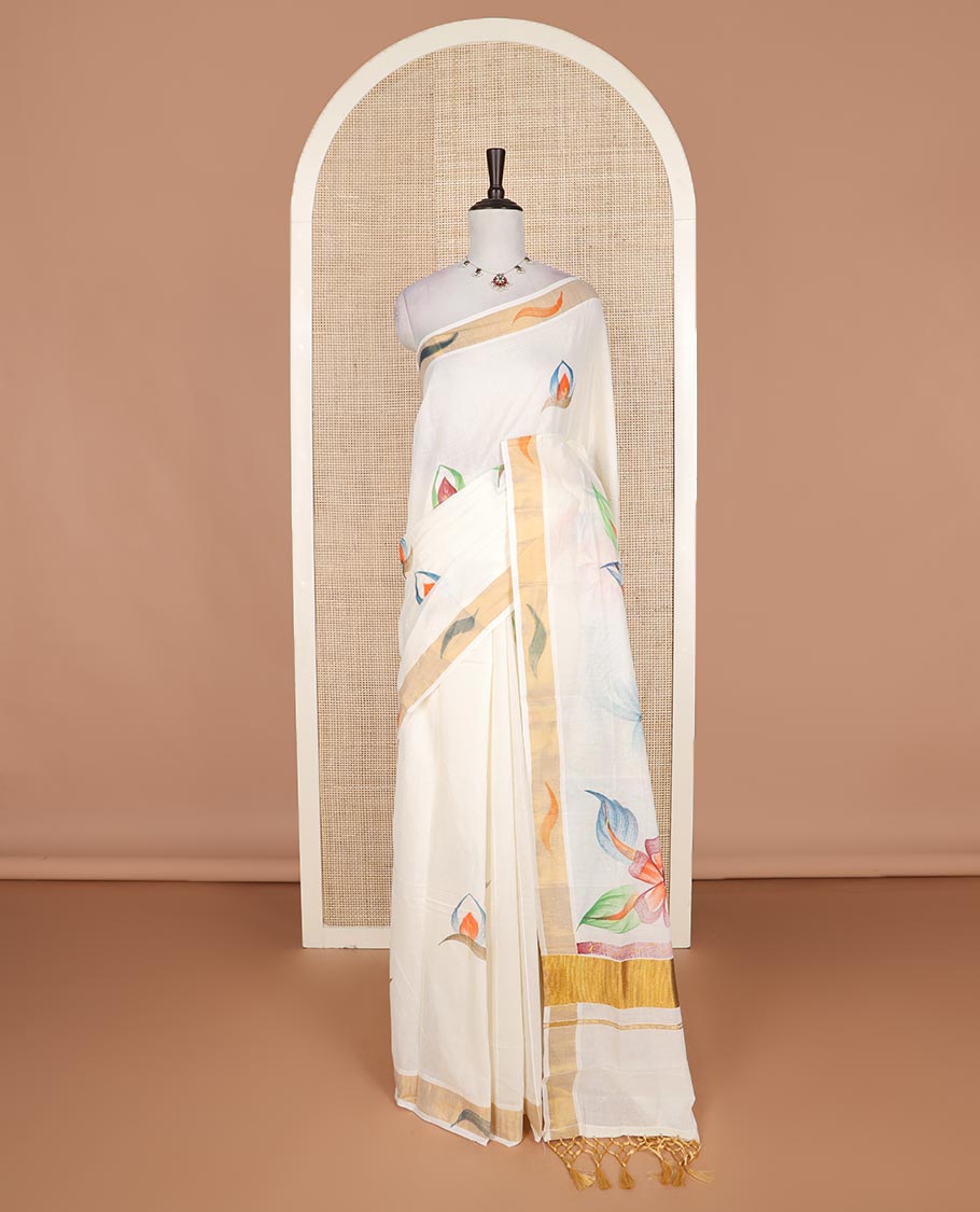 Cream hand brush painting style floral motifs printed Kerala cotton saree, zari and dyed border, and hand brush painting pallu