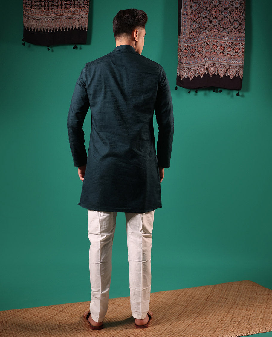 Black embossed full-sleeved men's kurta