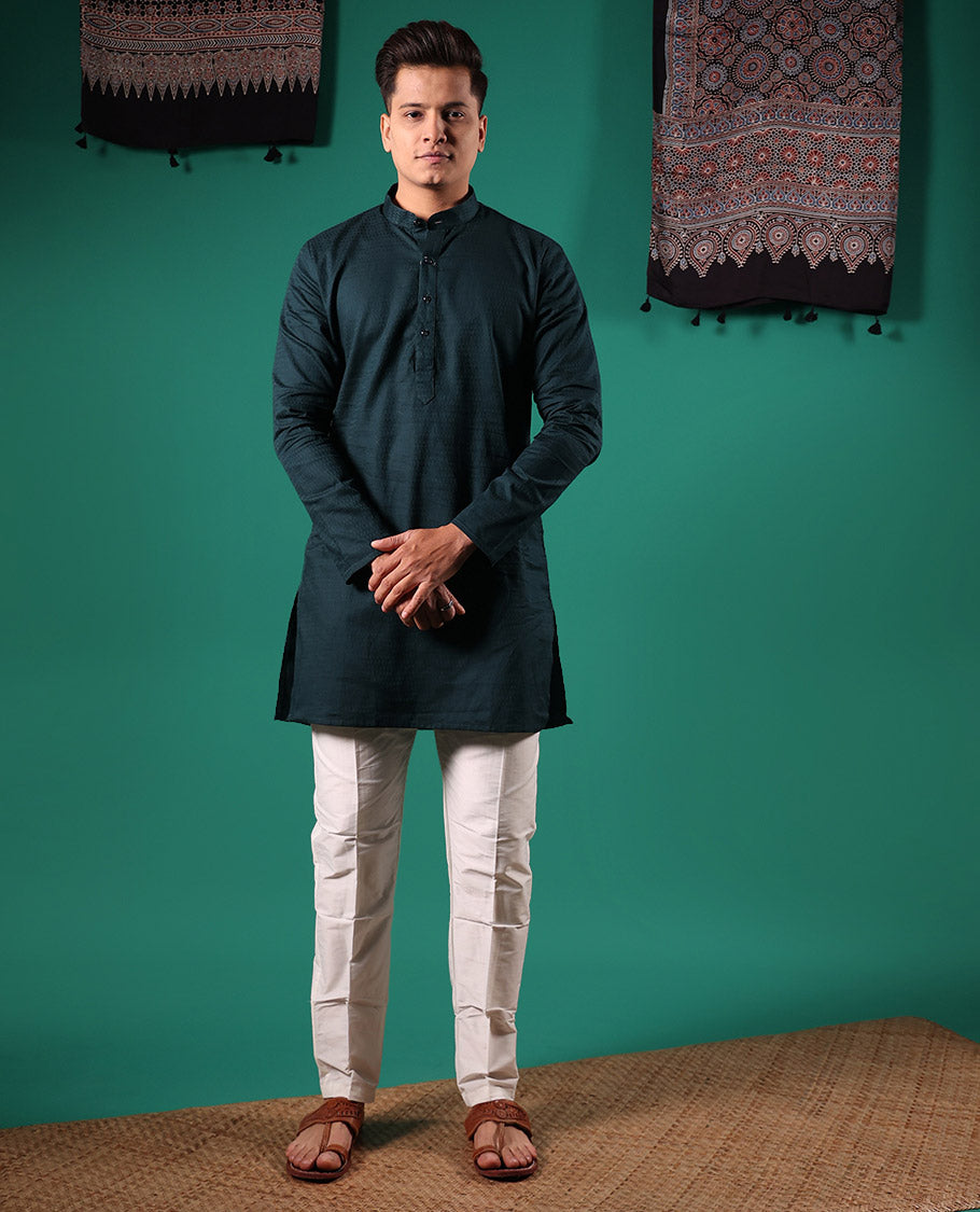 Black embossed full-sleeved men's kurta
