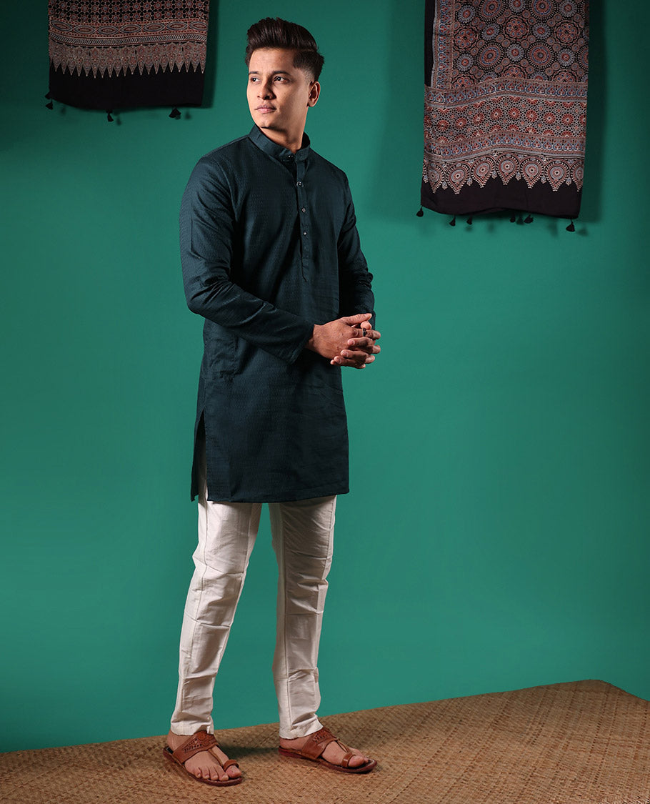 Black embossed full-sleeved men's kurta