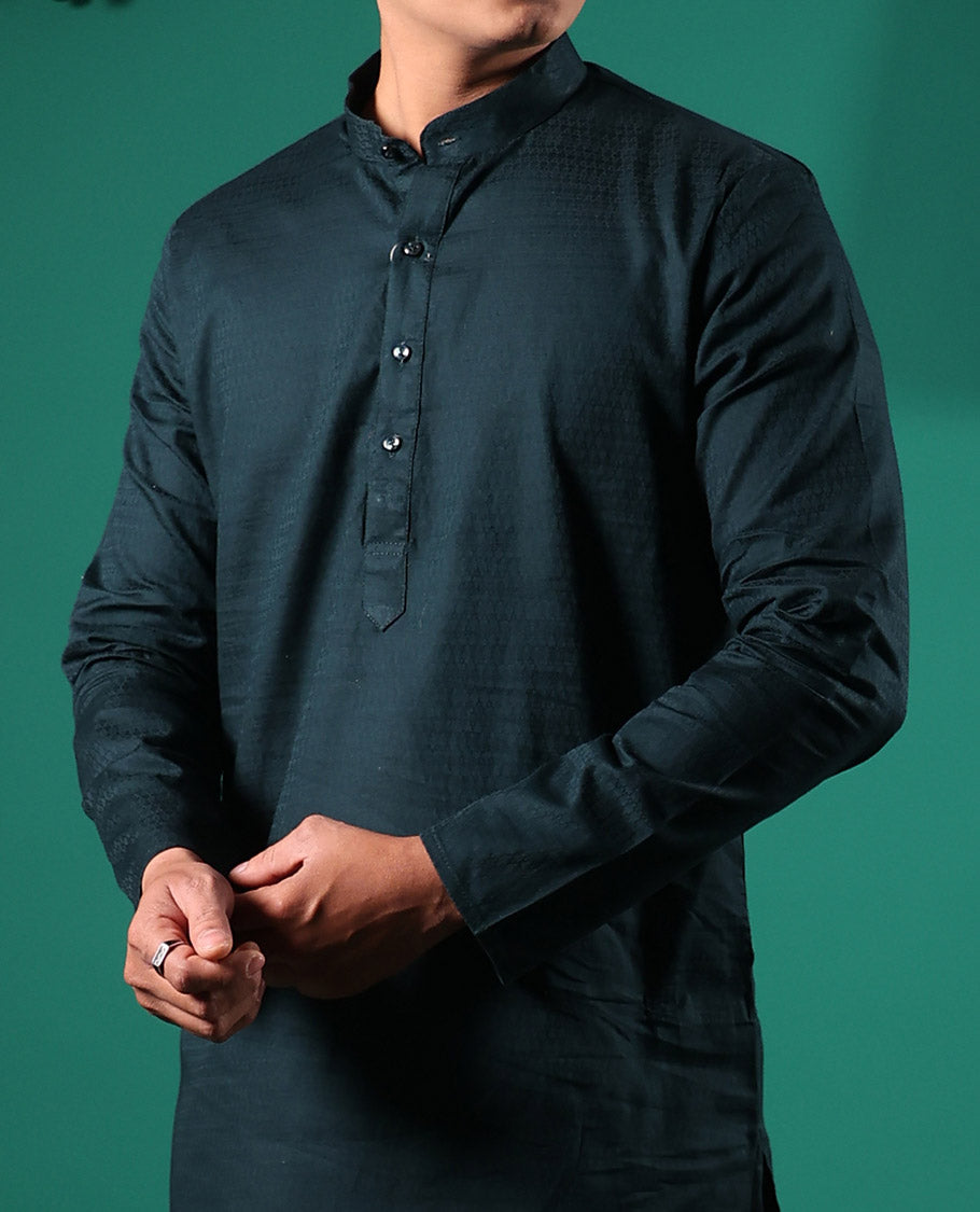 Black embossed full-sleeved men's kurta