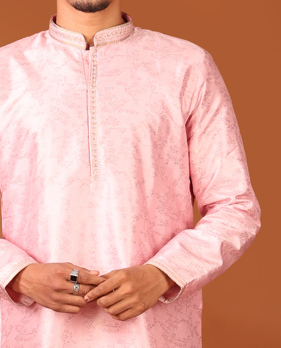 Baby Pink Floral Vine Sparsely Woven Full-Sleeved Men's Kurta Set
