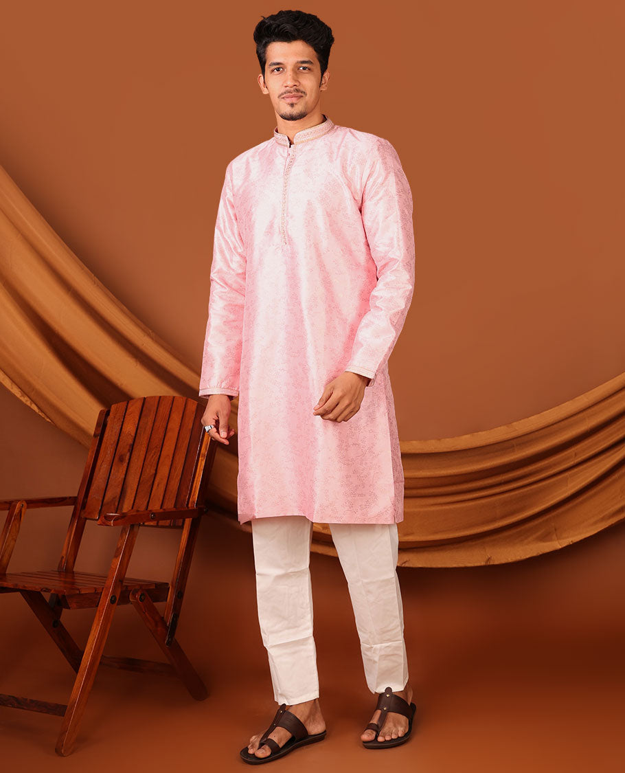 Baby Pink Floral Vine Sparsely Woven Full-Sleeved Men's Kurta Set