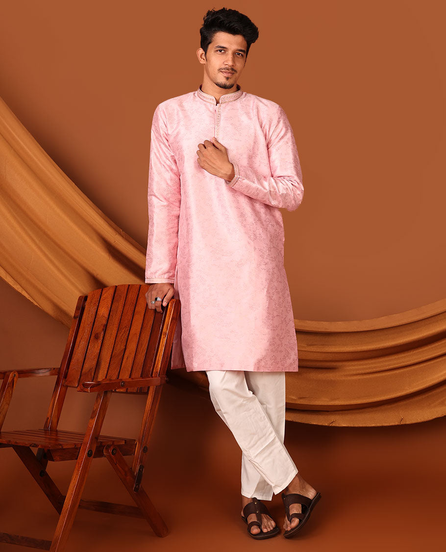 Baby Pink Floral Vine Sparsely Woven Full-Sleeved Men's Kurta Set