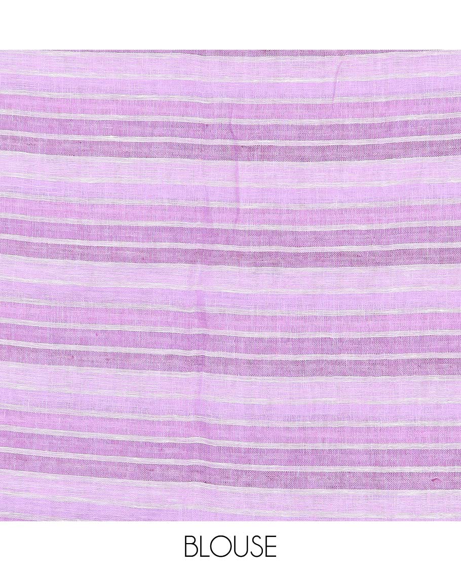 Borderless purple striped linen cotton saree, checked design pallu
