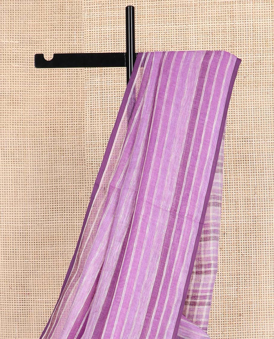 Borderless purple striped linen cotton saree, checked design pallu