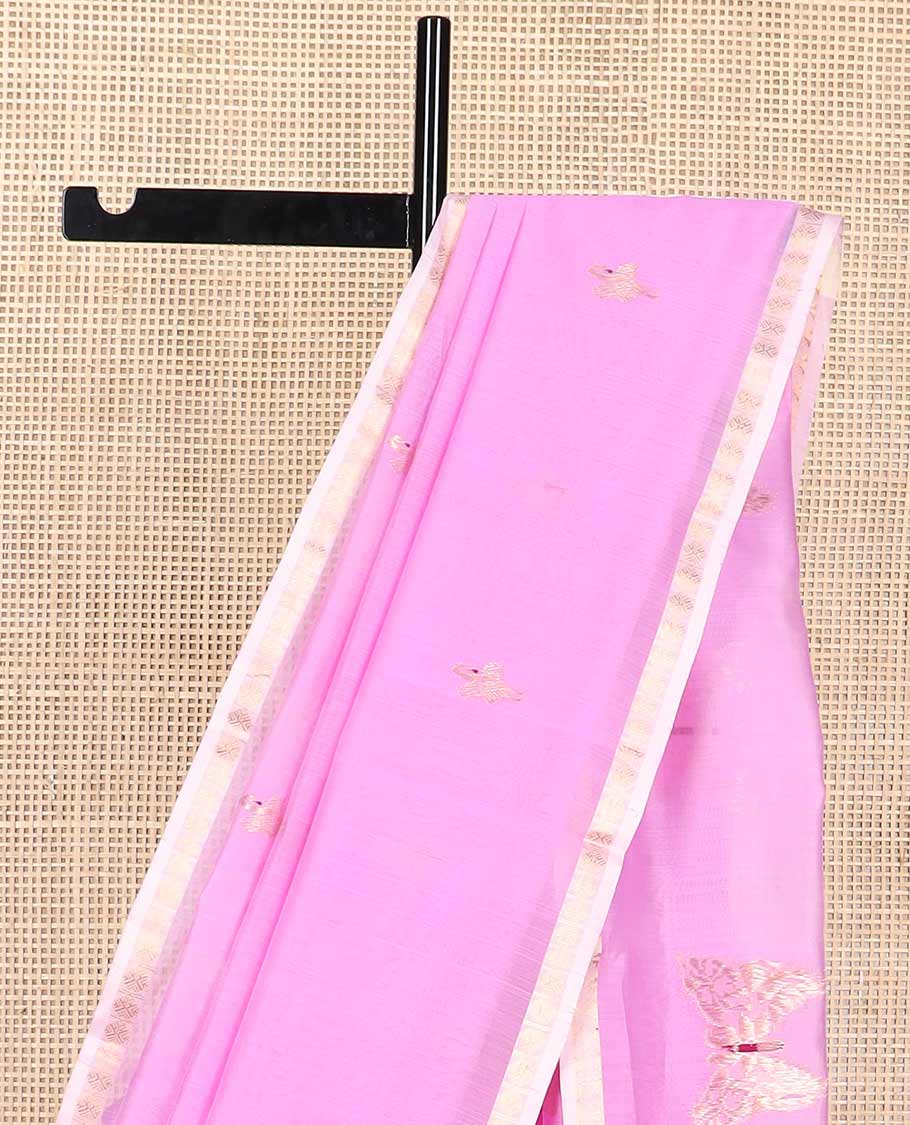 Light pink motifs maheswari cotton saree with contrast zari design border & butterfly motifs pallu