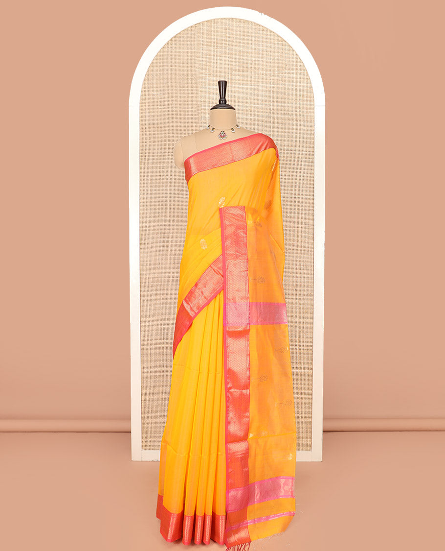 Yellow Maheshwari Cotton Saree Graced with Zari Buttas, Highlighted with Contrast Traditional Zari Design Border, Pallu Accentuated with Zari Designs, and Paired with a Contrast Blouse
