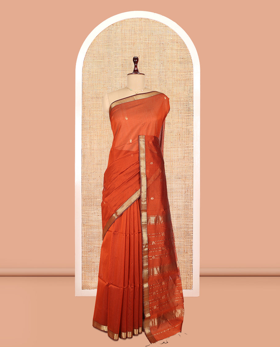 Rust Maheshwari Cotton Saree Featuring Zari Buttas, a Contrast Traditional Zari Border, Zari Striped Pallu, and a Matching Blouse