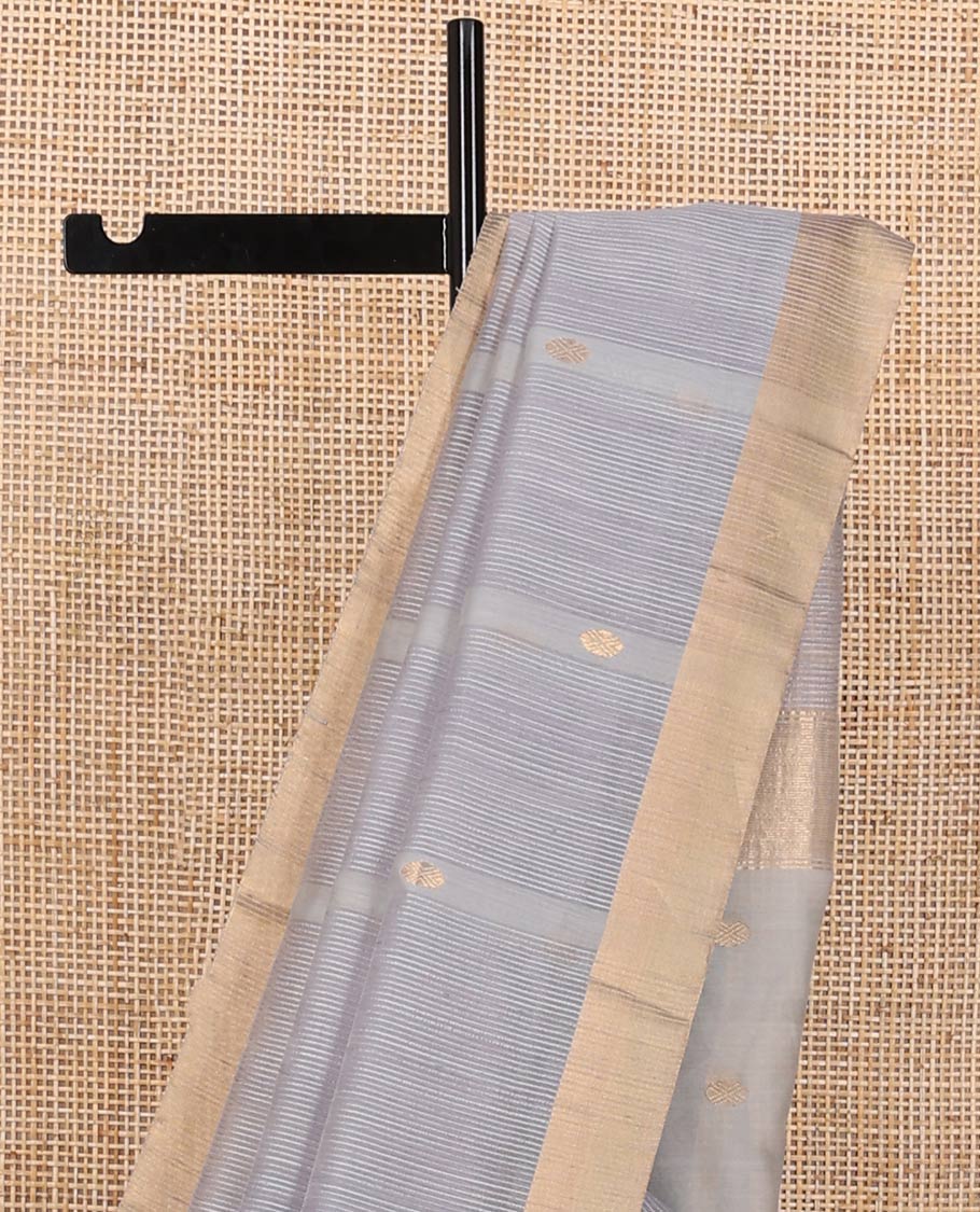 Grey striped, round motifs maheshwari cotton saree with self zari border & round motifs, striped pallu