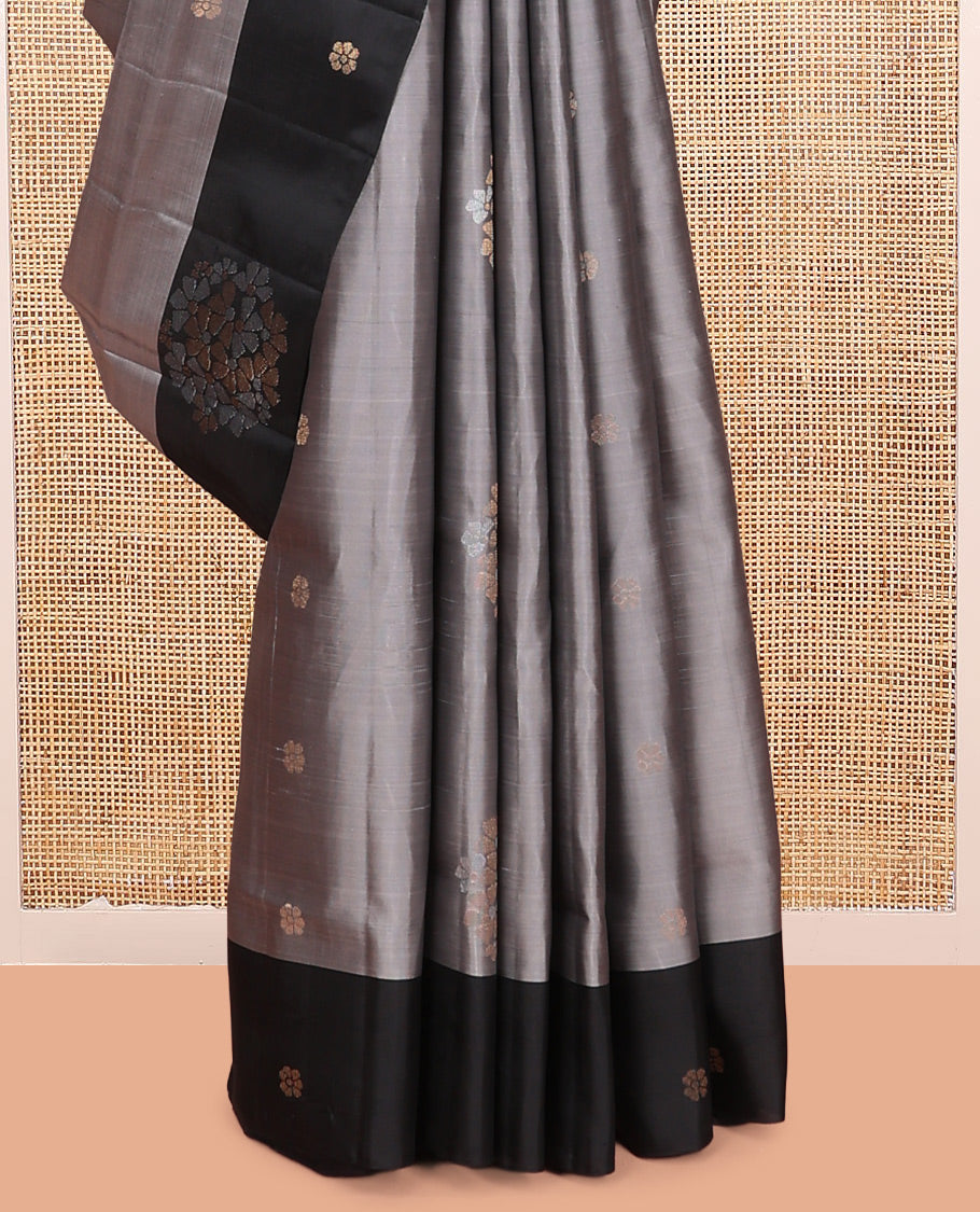Grey Mayuri Lite Silk Mix Saree, Woven with Zari Buttas, Complemented By Contrast Border of Floral Buttas, a Grand Pallu, and a Contrast Blouse