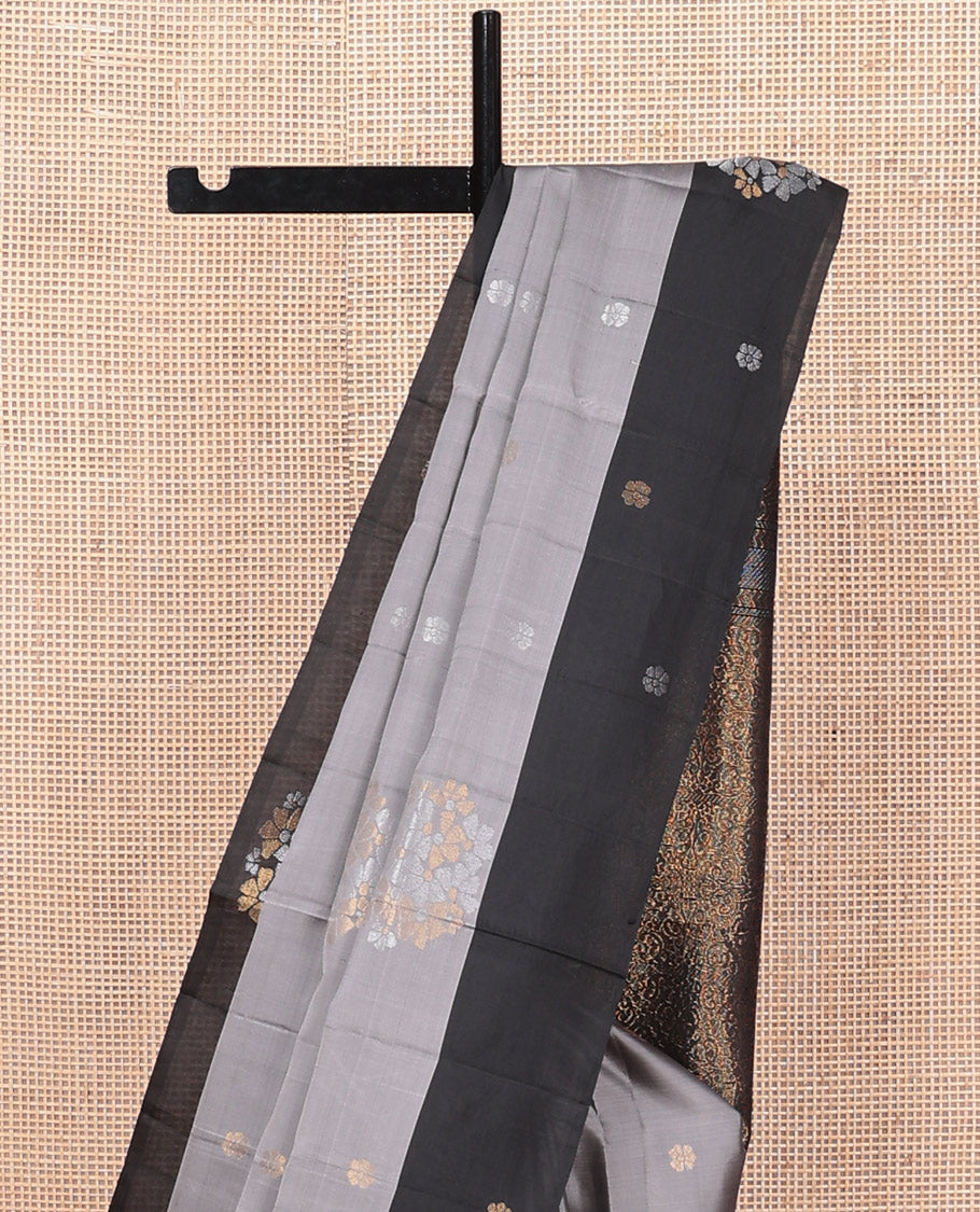 Grey Mayuri Lite Silk Mix Saree, Woven with Zari Buttas, Complemented By Contrast Border of Floral Buttas, a Grand Pallu, and a Contrast Blouse
