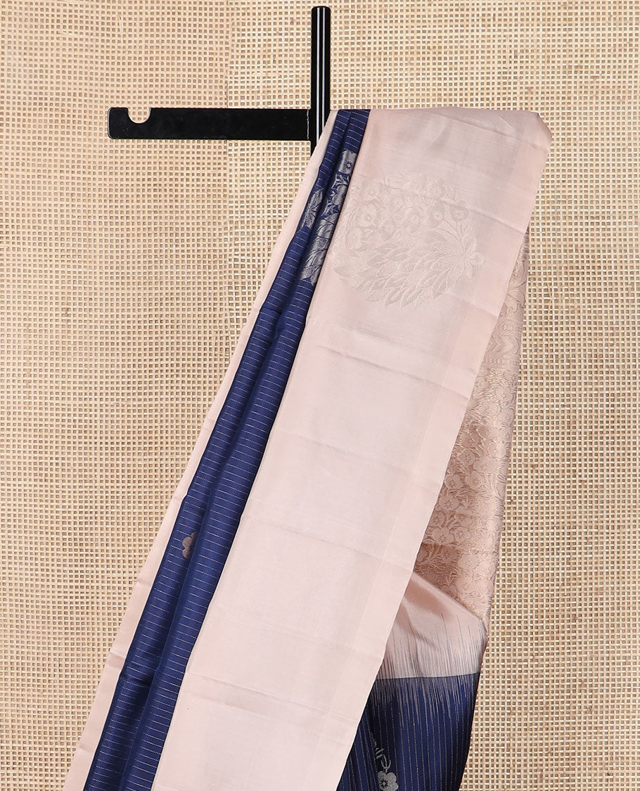 Blue zari design soft silk saree, contrast floral motif border & pallu steeped with floral zari motifs