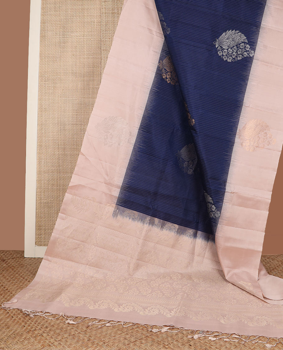 Blue zari design soft silk saree, contrast floral motif border & pallu steeped with floral zari motifs