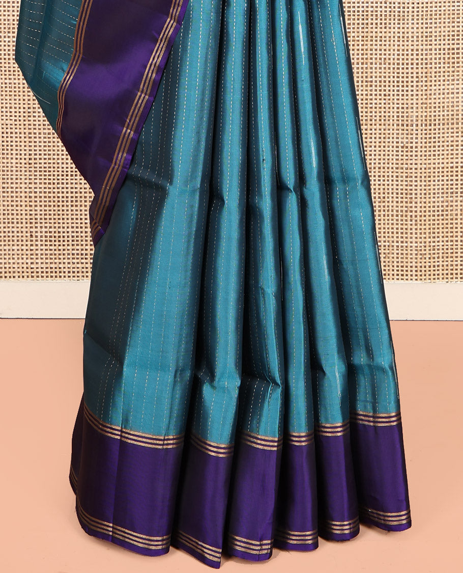 Blue Mayuri Lite Silk Mix Saree, Decorated with Stripes and Malli Mokku Buttas, Complemented by Contrast Border, Grand Jaal Pallu, and a Contrast Blouse