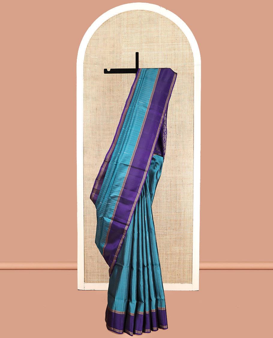 Blue Mayuri Lite Silk Mix Saree, Decorated with Stripes and Malli Mokku Buttas, Complemented by Contrast Border, Grand Jaal Pallu, and a Contrast Blouse