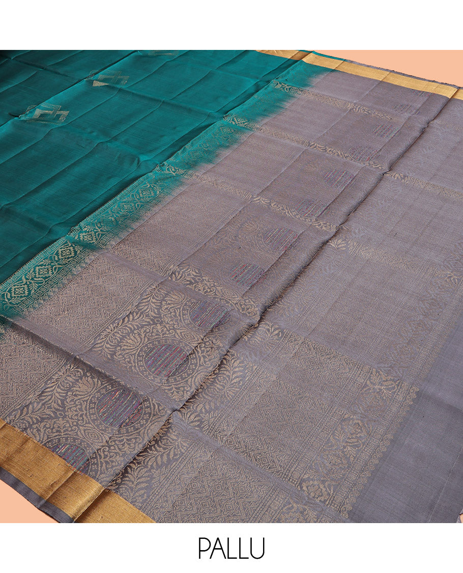Blue Mayuri Lite Silk Mix Saree, Subtly Sparkled With Zari Buttas, a Subtle Bavanji Border, Contrast Intricately Designed Pallu, and a Contrast Blouse