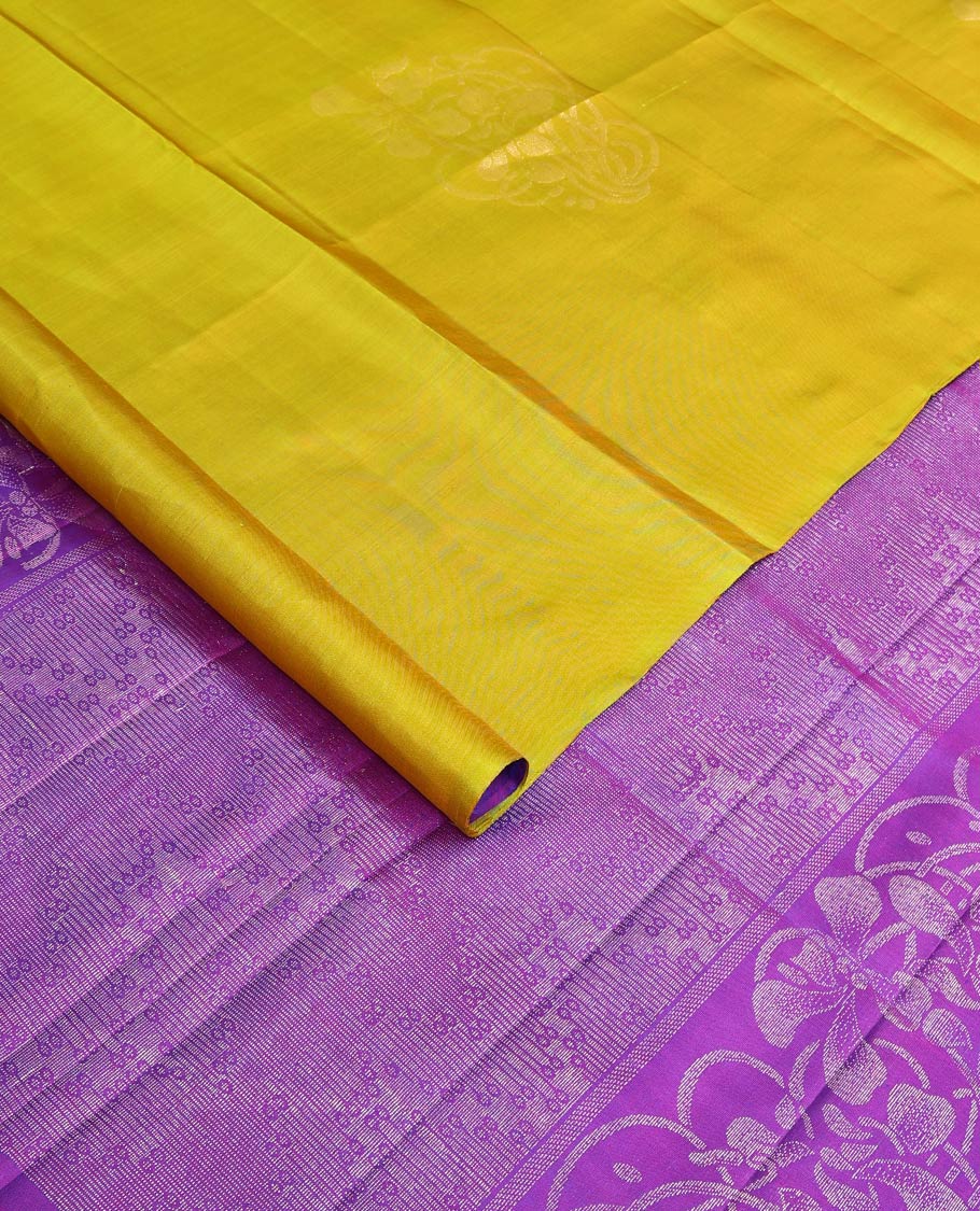 Borderless yellow floral buttas woven soft silk saree, contrast pallu of floral and chevron designs