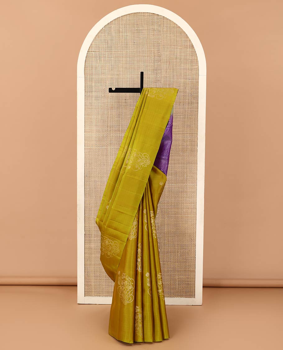Borderless yellow floral buttas woven soft silk saree, contrast pallu of floral and chevron designs