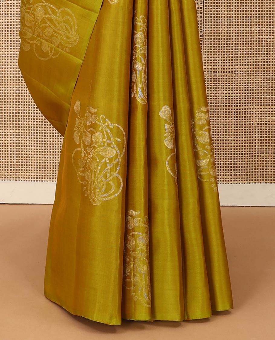 Borderless yellow floral buttas woven soft silk saree, contrast pallu of floral and chevron designs