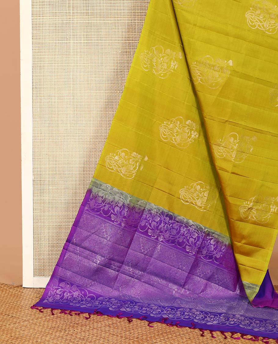 Borderless yellow floral buttas woven soft silk saree, contrast pallu of floral and chevron designs