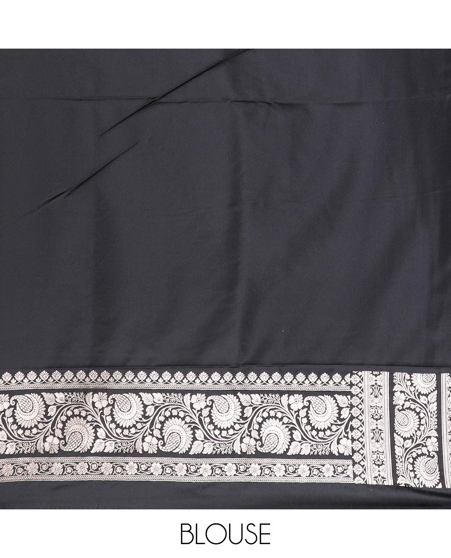 Black floral vine jacquard mushru silk saree, floral-paisley design zari border, and intricate pallu