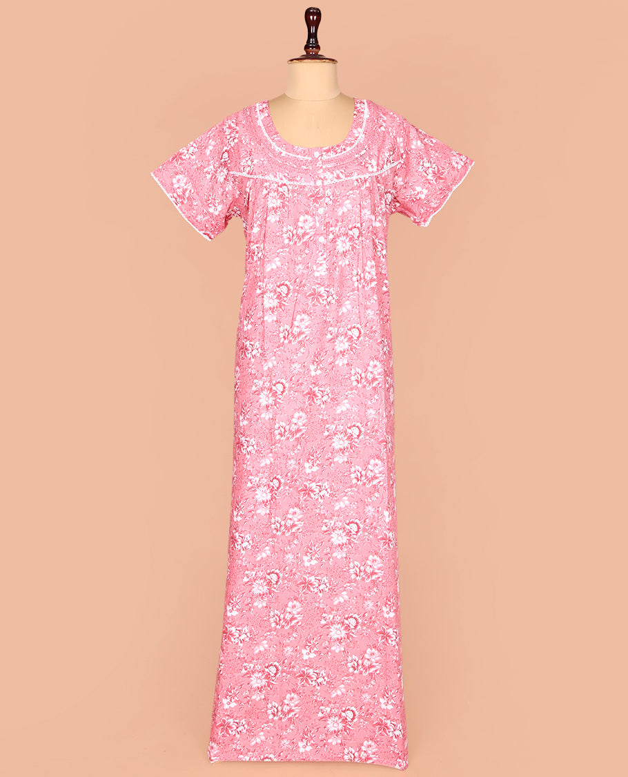 Pink Cotton Nighty Prettified with Floral Print, Featuring Lace Work, Round Front Neck, and Half Sleeves