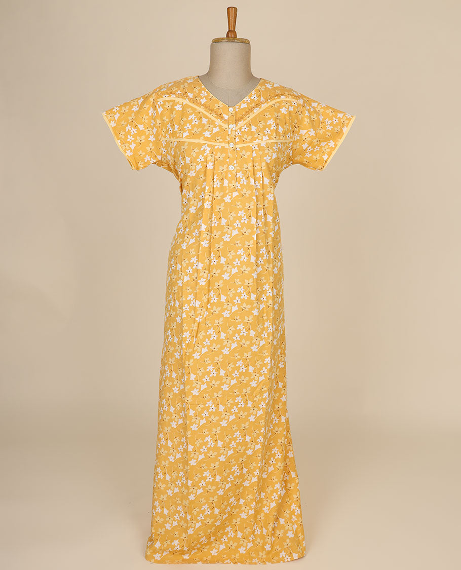 Yellow floral printed & v neck with lace, cotton half-sleeve nighty