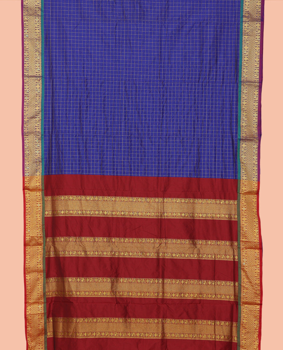 Blue Checked Art-Silk Nine Yard Saree, a Contrast Zari Border of Mayil-Chakram and Ara Maadam Designs, Pallu of Traditional Designs, and No Blouse