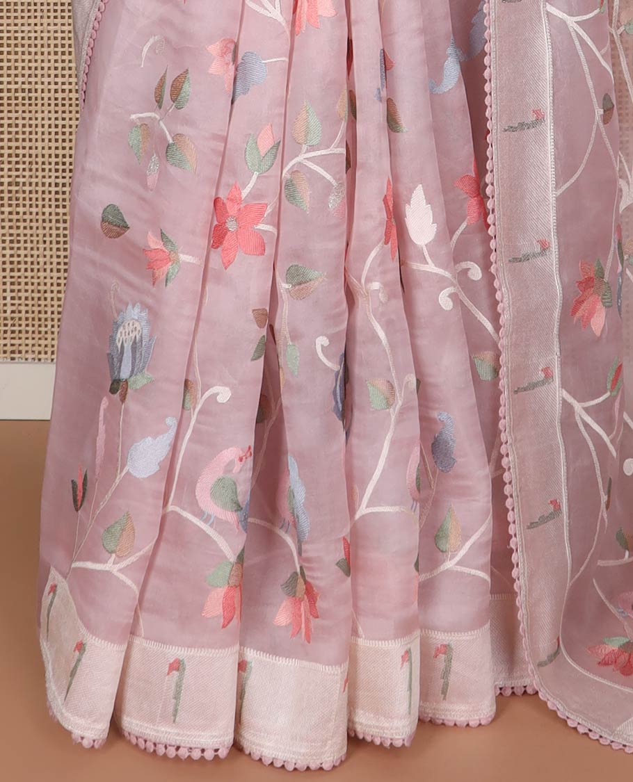 Light pink floral embroidery organza saree with self motifs border