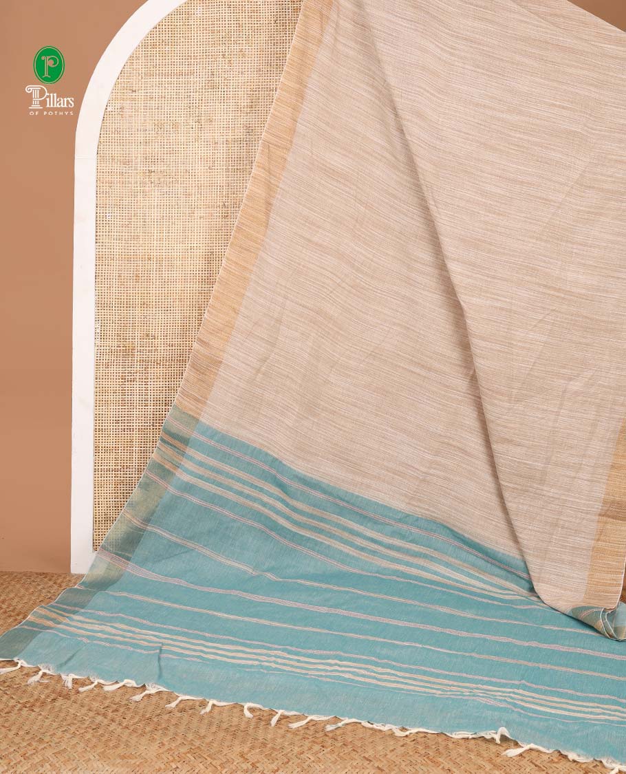 Cream linen mix cotton saree with zari bawanchi border & chit pallu along with plain blouse