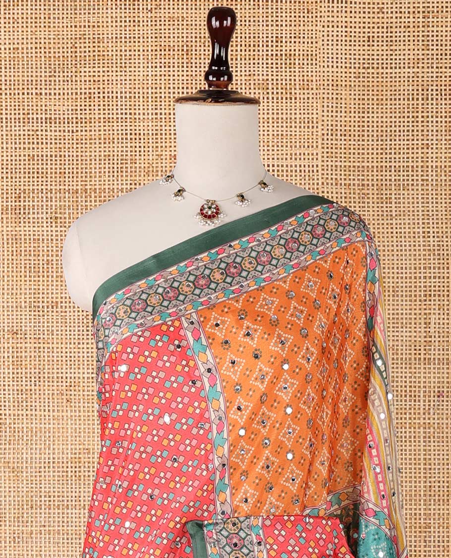 Multi-colour geometric printed, mirror work masakali saree with printed, mirror work border & printed pallu along with plain blouse