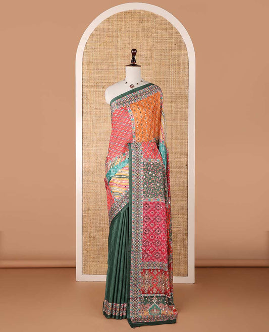 Multi-colour geometric printed, mirror work masakali saree with printed, mirror work border & printed pallu along with plain blouse