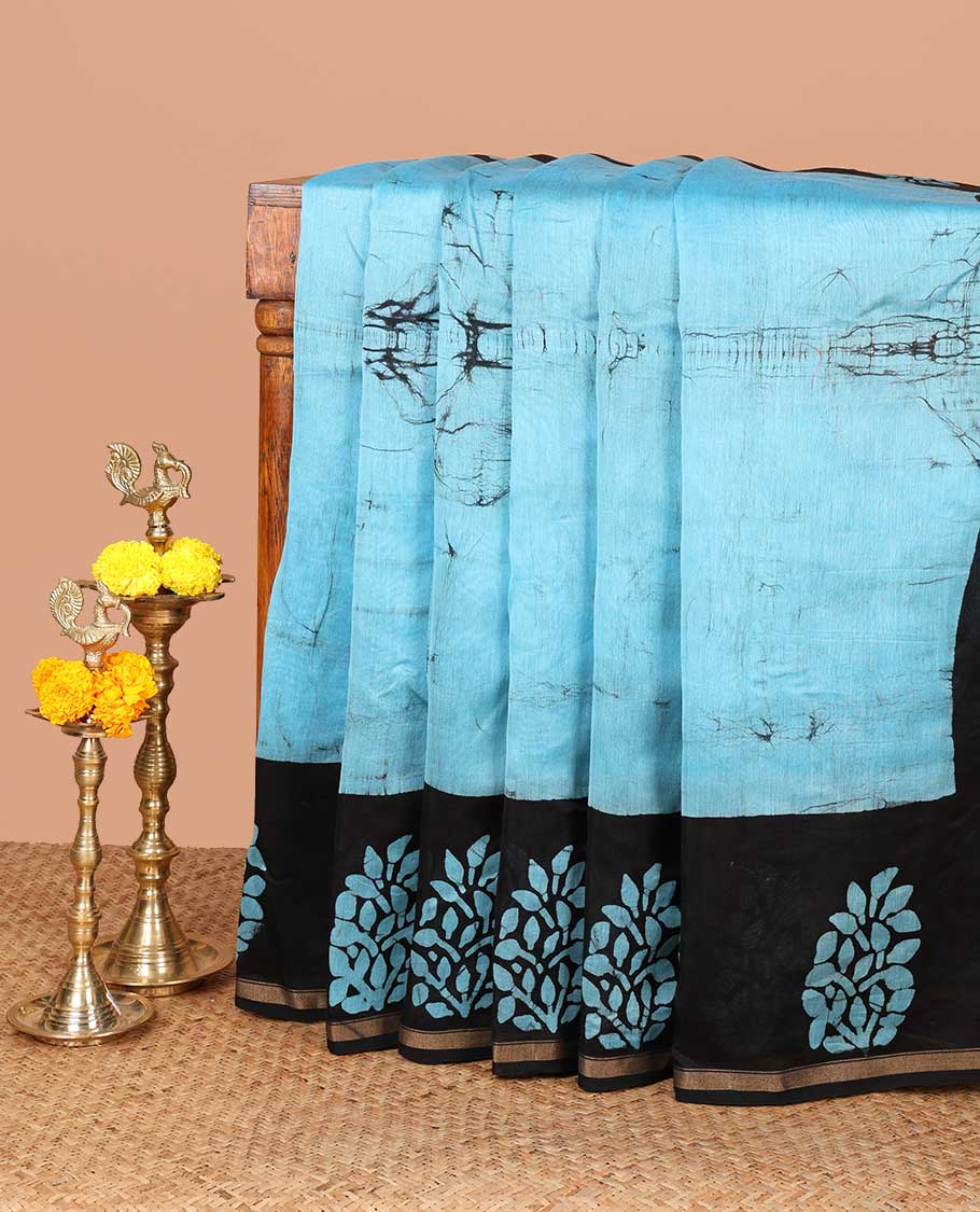 Blue hanblock batik printed chanderi cotton saree with contrast wax block printed border & hand block printed pallu along with plain blouse