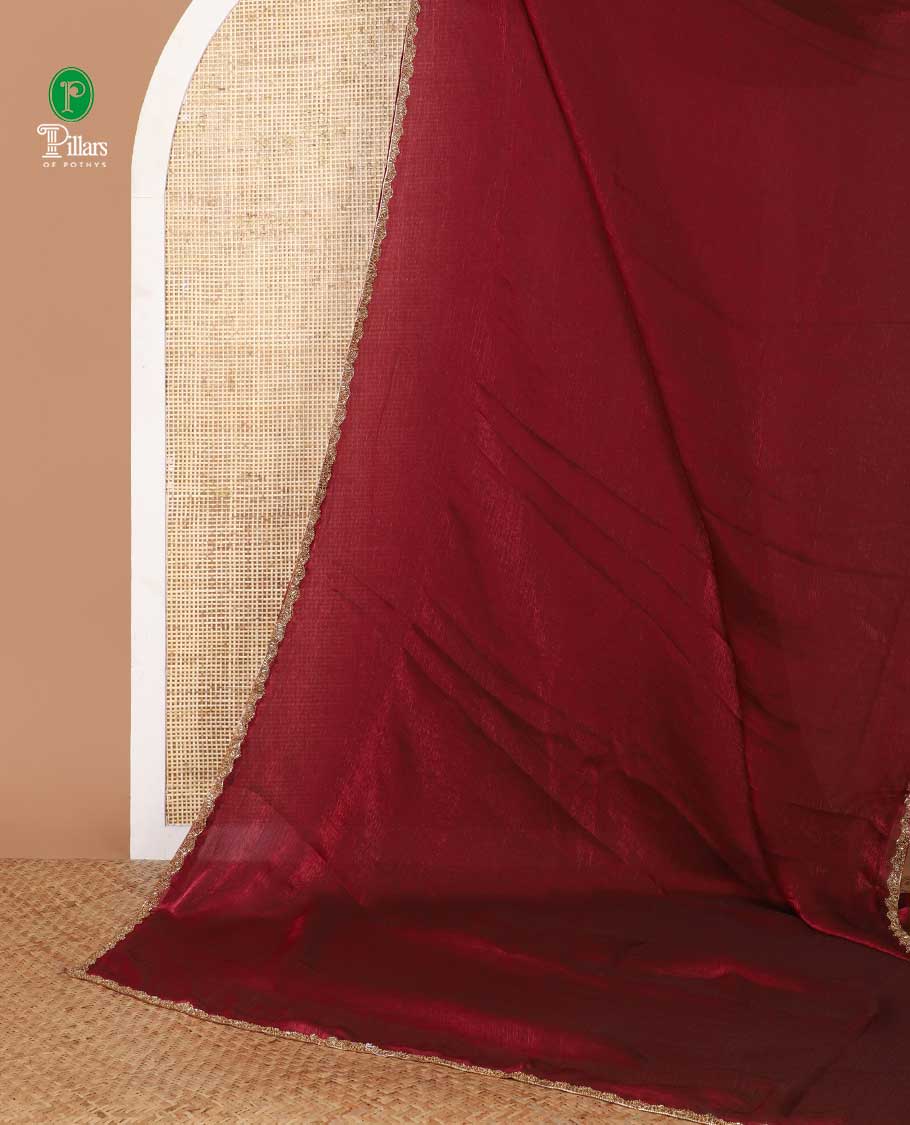 Maroon fendy chiffon saree with hand work border & self pallu along with hand work blouse