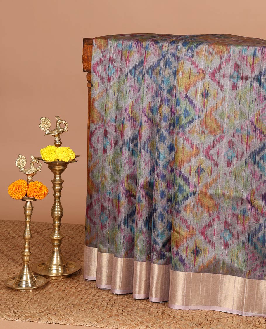 Grey ikaat style printed khicha tussar saree with bawanchi border & jute weaving pallu along with printed blouse
