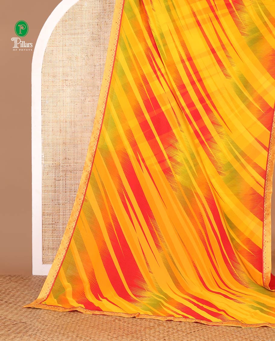 Yellow digital printed sitara shimmer saree with lace border & self pallu along with plain blouse