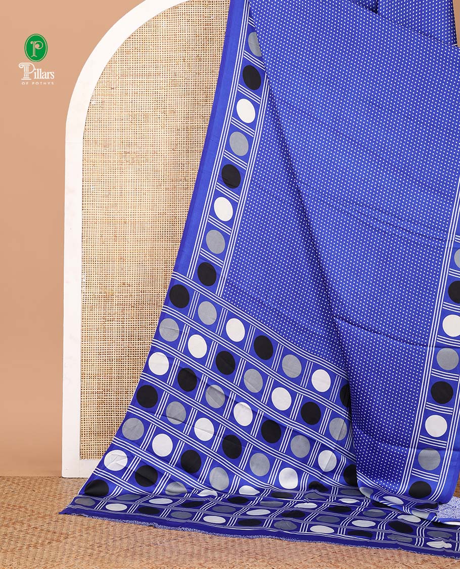 Royal blue small polka dots printed gajji silk saree with self-border & pallu printed with a dot enclosed checks, blouse with intricate motif print