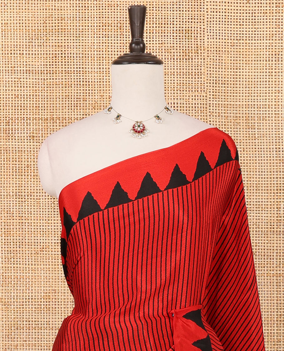 Red vertical stripes printed turkey crepe saree, temple printed border, diamond motifs printed pallu & jaal printed blouse