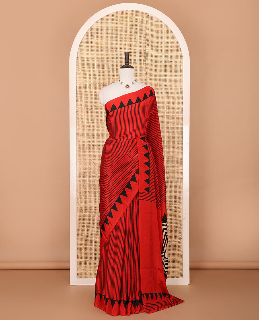 Red vertical stripes printed turkey crepe saree, temple printed border, diamond motifs printed pallu & jaal printed blouse