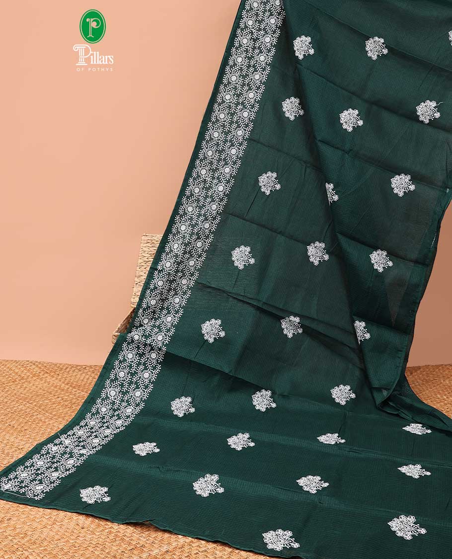 Olive green allover lucknowi chikankari design kotta checks saree with running blouse