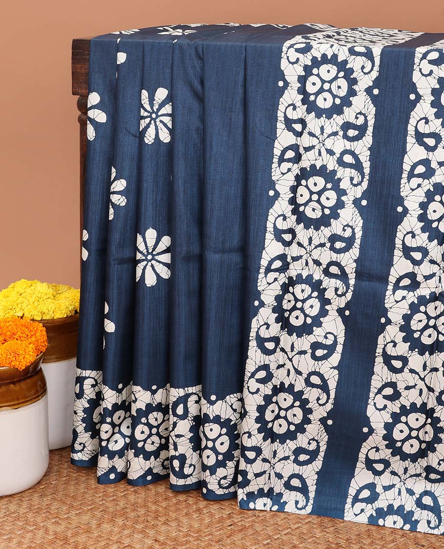 Navy blue pathik print dola soft silk saree with smally carry design print blouse