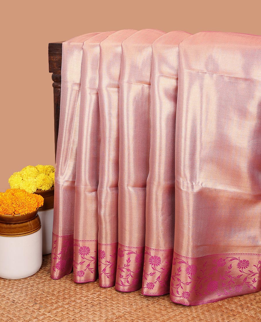 Pink with copper small zig zag weaving brocadesoft tissue saree with bandhni style border & contrast pink color blouse