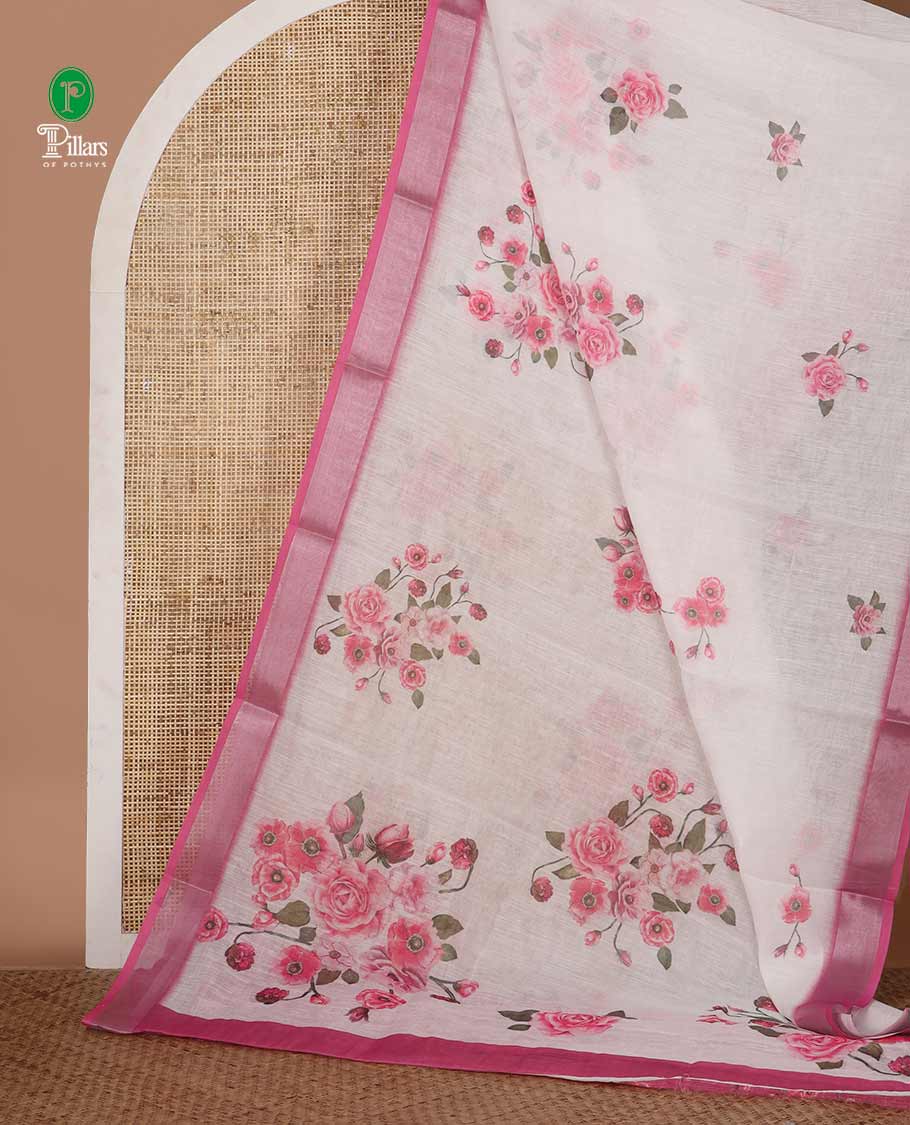 White rose floral printed linen saree, contrast silver bavanji border, floral printed pallu & floral printed gajri blouse