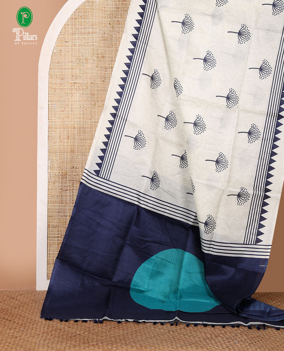 Cream floral-style printed khadi cotton saree, contrast navy blue temple & lining printed border, lining printed border & printed blouse