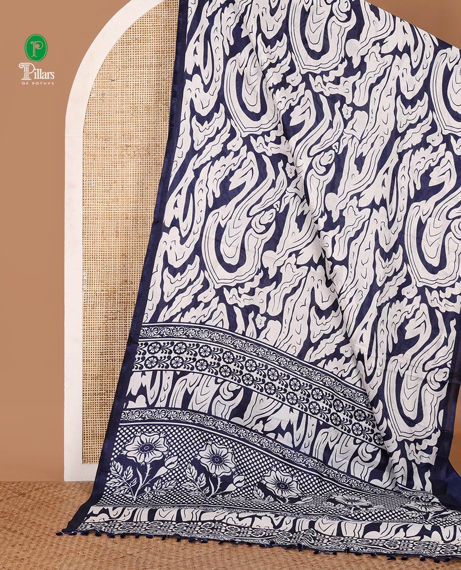 Borderless navy blue abstract-style fancy printed khadi cotton saree, floral-geometric printed pallu & navy blue printed blouse