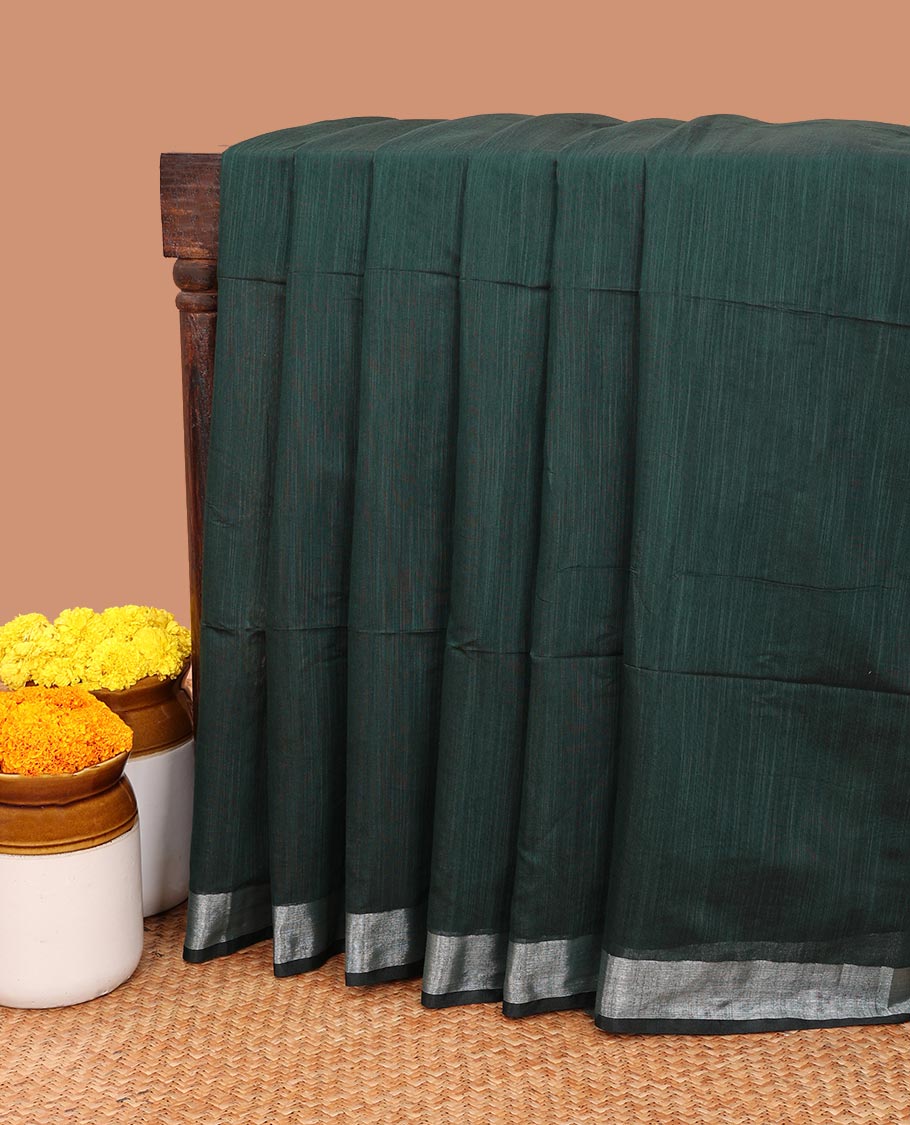 Dark green linen saree with self-border & striped pallu
