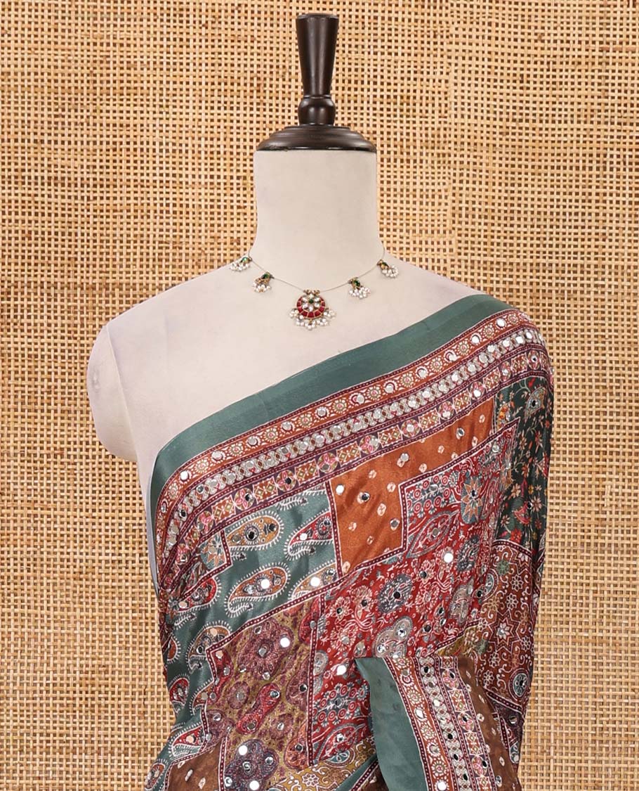 Green-base colorful pasiley-theme printed & real mirror embroidery masakali saree, self-border & pallu of print & mirror work